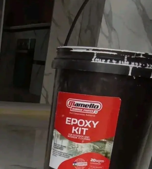 Mamello Epoxy Kit product bucket on a real flooring project